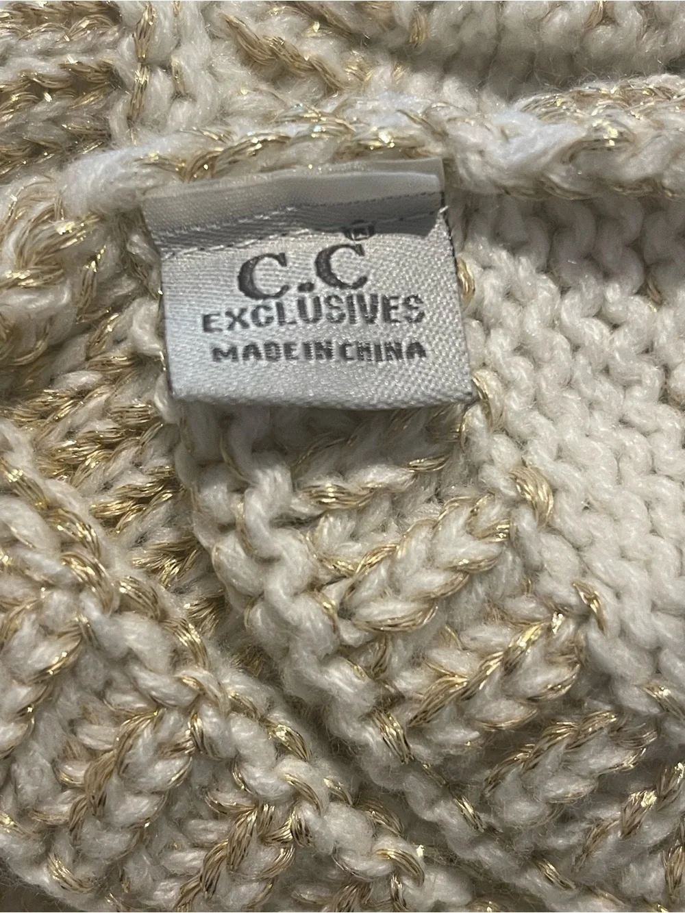 Sparkle Knit Beanie and Scarf Set - Cream with Gold Thread C.C Faux Fur Pom Pom